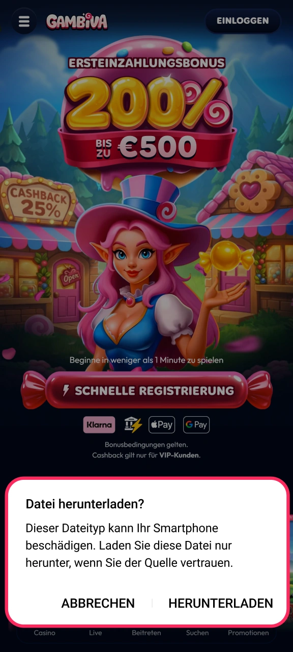 Akzeptieren Sie die Speicheraufforderung im System-Pop-up für den Gambiva Download.