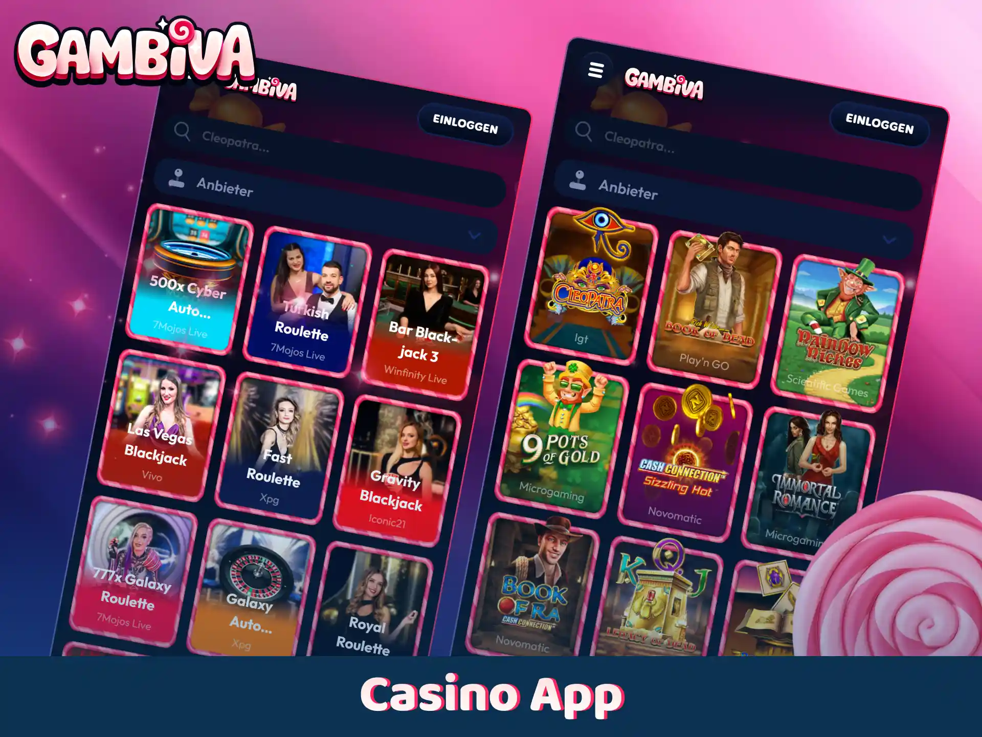 Starten Sie aufregende Spielautomaten und Tischspiele über das mobile Gambiva Portal.