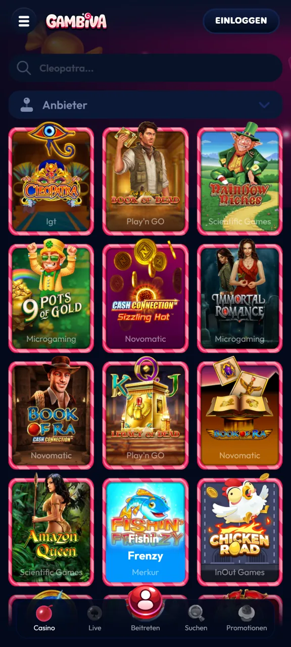 Erleben Sie packende Spielautomaten und Tischspiele in der Gambiva App.