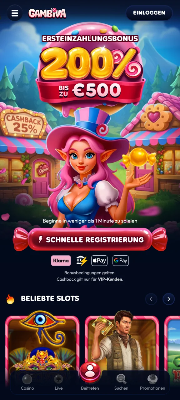 Besuchen Sie den zentralen Startbildschirm der mobilen Gambiva Anwendung.