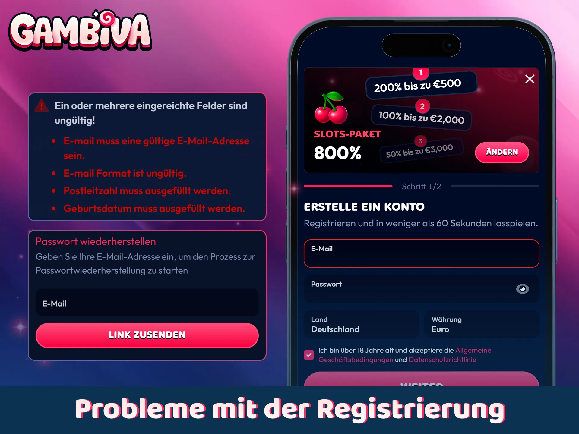 Beheben Sie eventuelle Fehler während des Anmeldeprozesses auf der Gambiva Plattform.