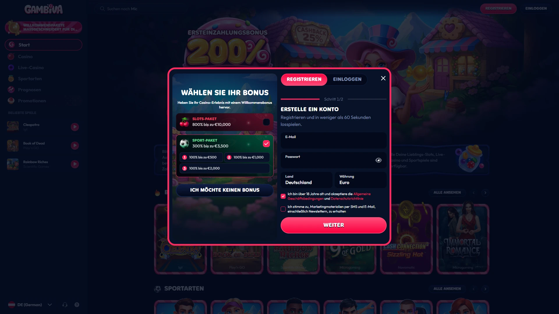 Öffnen Sie das offizielle Anmeldeformular auf der Gambiva Website.