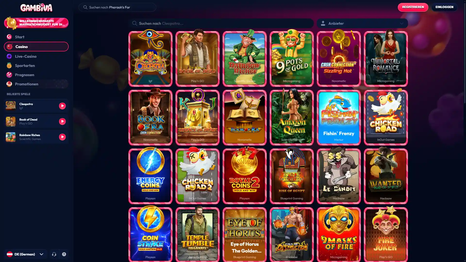 Spielen Sie spannende Spielautomaten und Tischspiele auf der Gambiva Plattform.